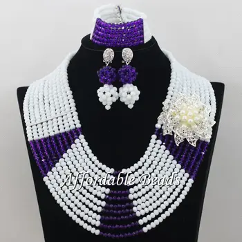 

White Purple African Wedding Beads Jewelry Set Rare Dubai Gold Jewelry Set Handmade Design Wholesale Free Shipping ABE127