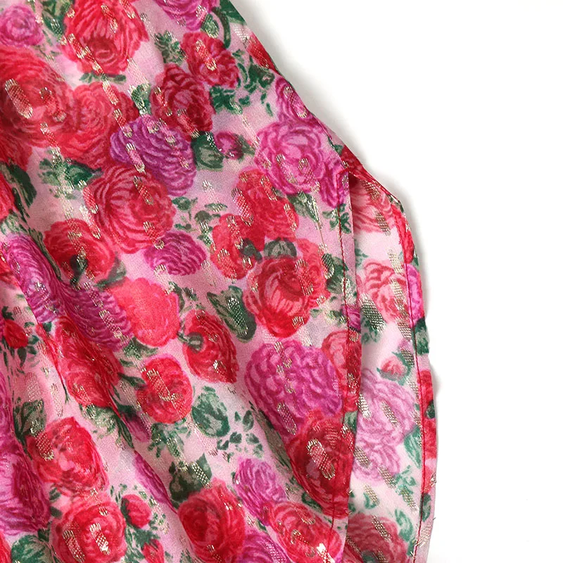 Шелково-розового цвета с цветочным принтом с отложным воротником рубашка, блузка без рукавов-осень Для женщин Стильный металлизованная пряжа Футболка Топ