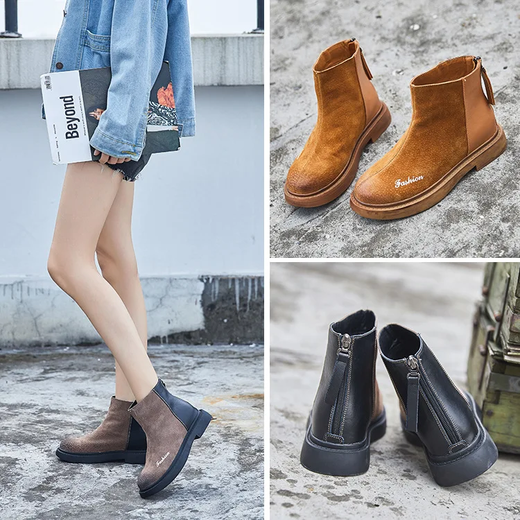 

Ankle Round Toe Retro Sewing Platform Women Chelsea Boots Low Square Heel Zip Vintage Motorcycle Boots Mixed Colors Casual Shoes