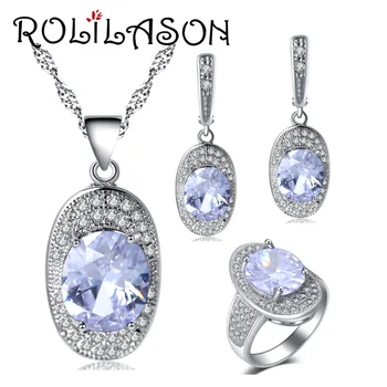 

ROLILASON Australian White Zircon For Ladies silver Earrings Necklace pendant Rings Jewelry Sets USA size #6#7#8#9#10 JS713