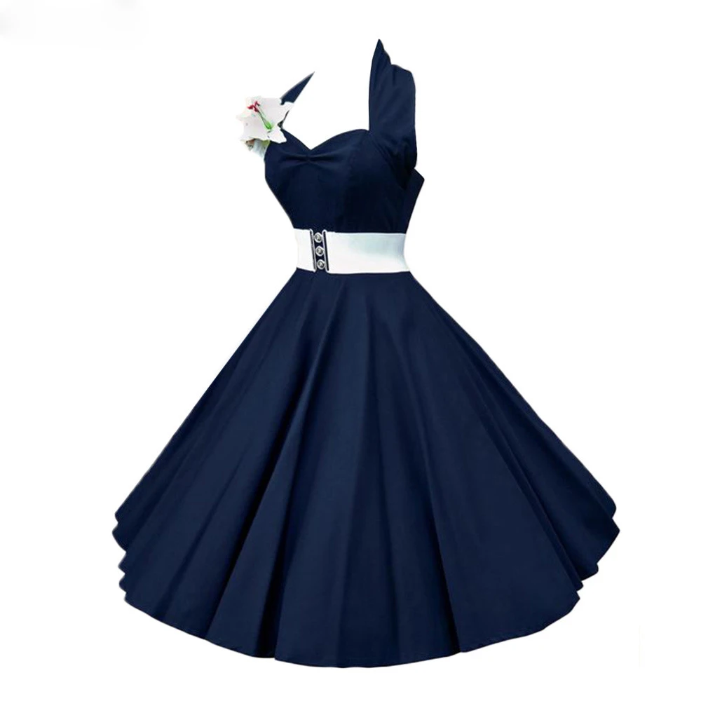 

Plus Size 4XL Dress Retro Vintage Audrey Hepburn Halter Polka Dot 50s 60s Rockabilly Belted Dress Ball Gown Female Vestido