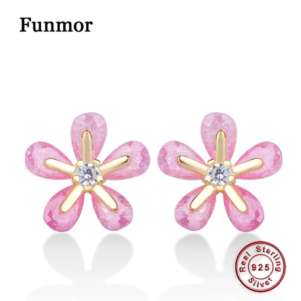 Funmor Pink Flower 925 Silver Stud Earrings Gold Color CZ ...