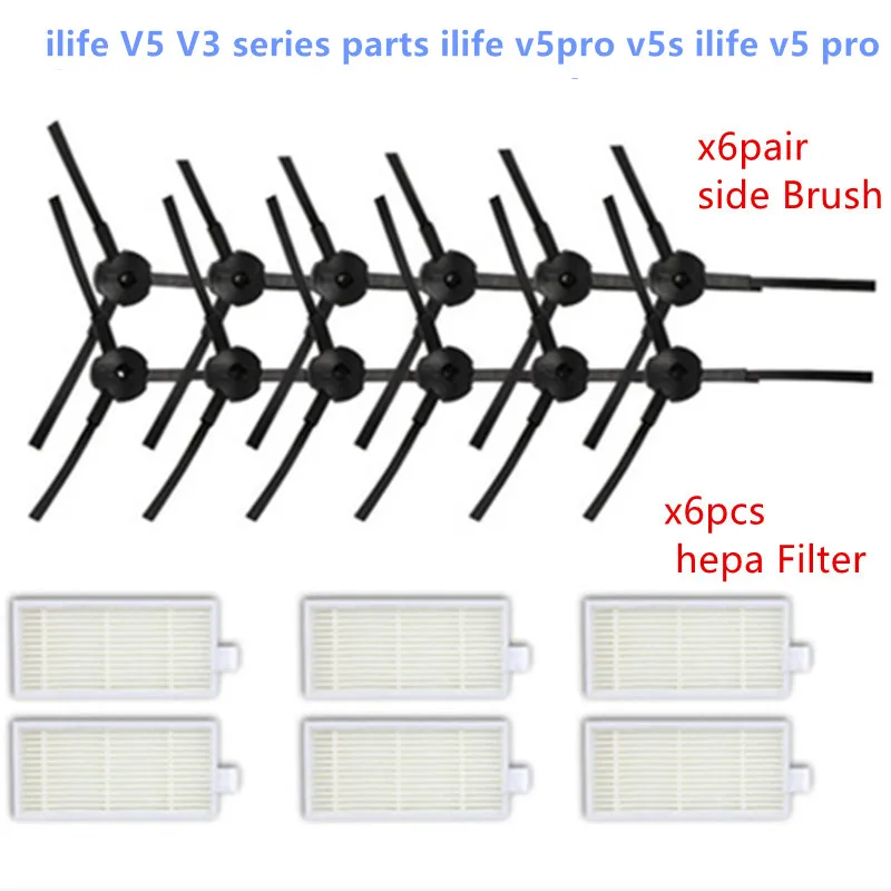 6 пар боковая щетка+ 6 шт. hepa фильтр для chuwi ilife V5 V3 серии частей ilife v5pro v5s ilife v5 pro
