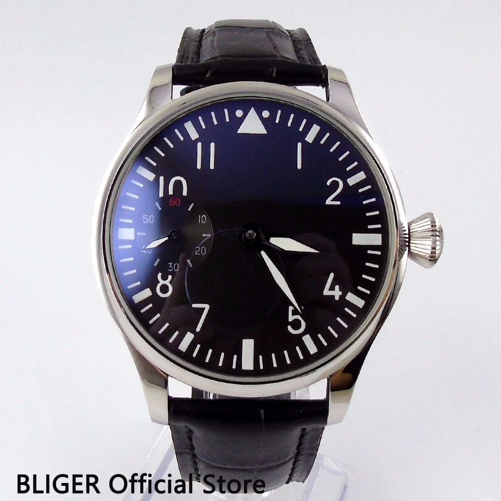 

Classic 44MM Black Dial Watch Polished Case Luminous Hands Mechanical 17 Jewels 6497 Hand Winding Movement Men's Wrist Watch