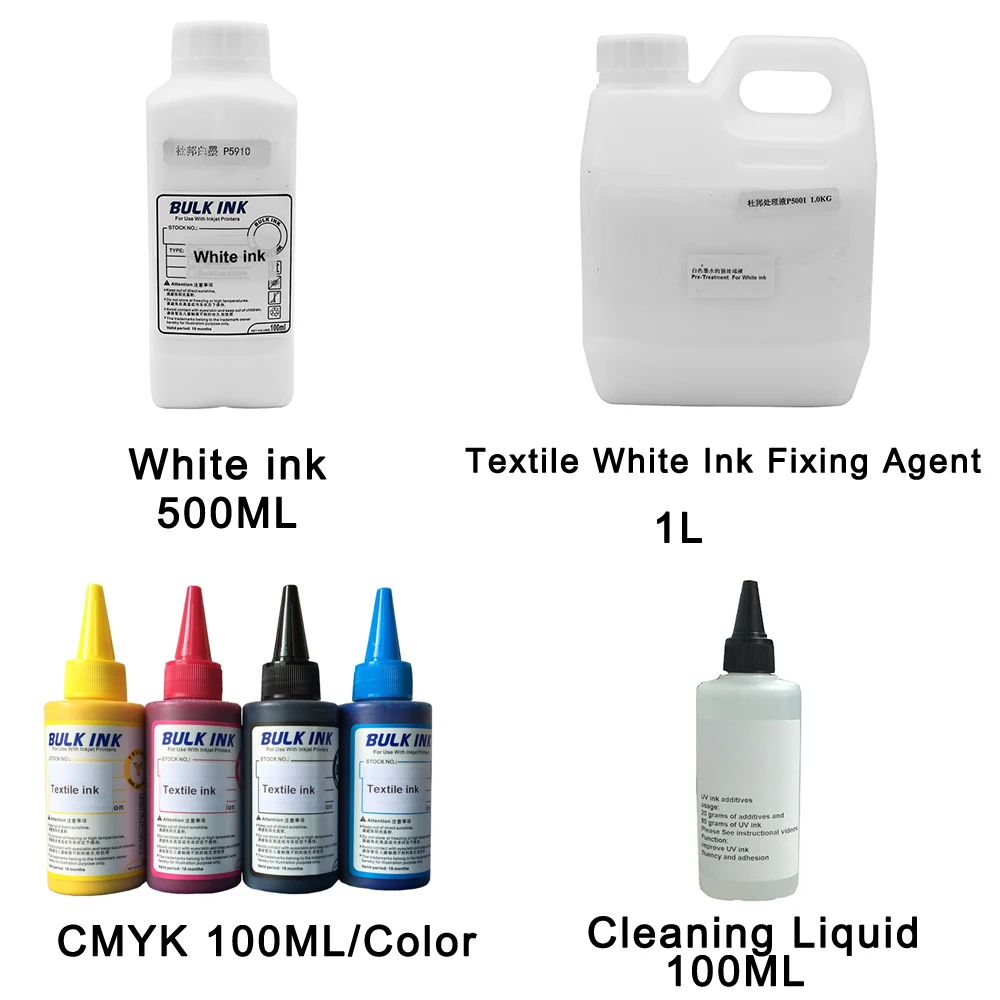 Textile Ink(C M Y K),White textile ink,cleaning liquid,textile white ink fixing agent for Flatbed Printer use for T-shirt