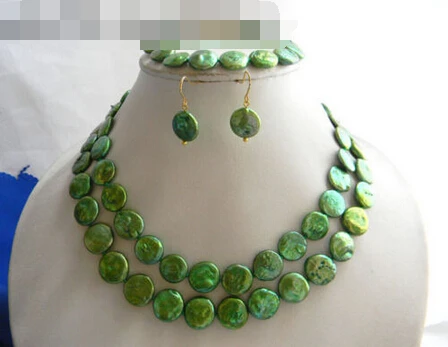 

Fast shipping + 07669 Green Coin Freshwater Pearl Necklace Bracelet Earring Set hot