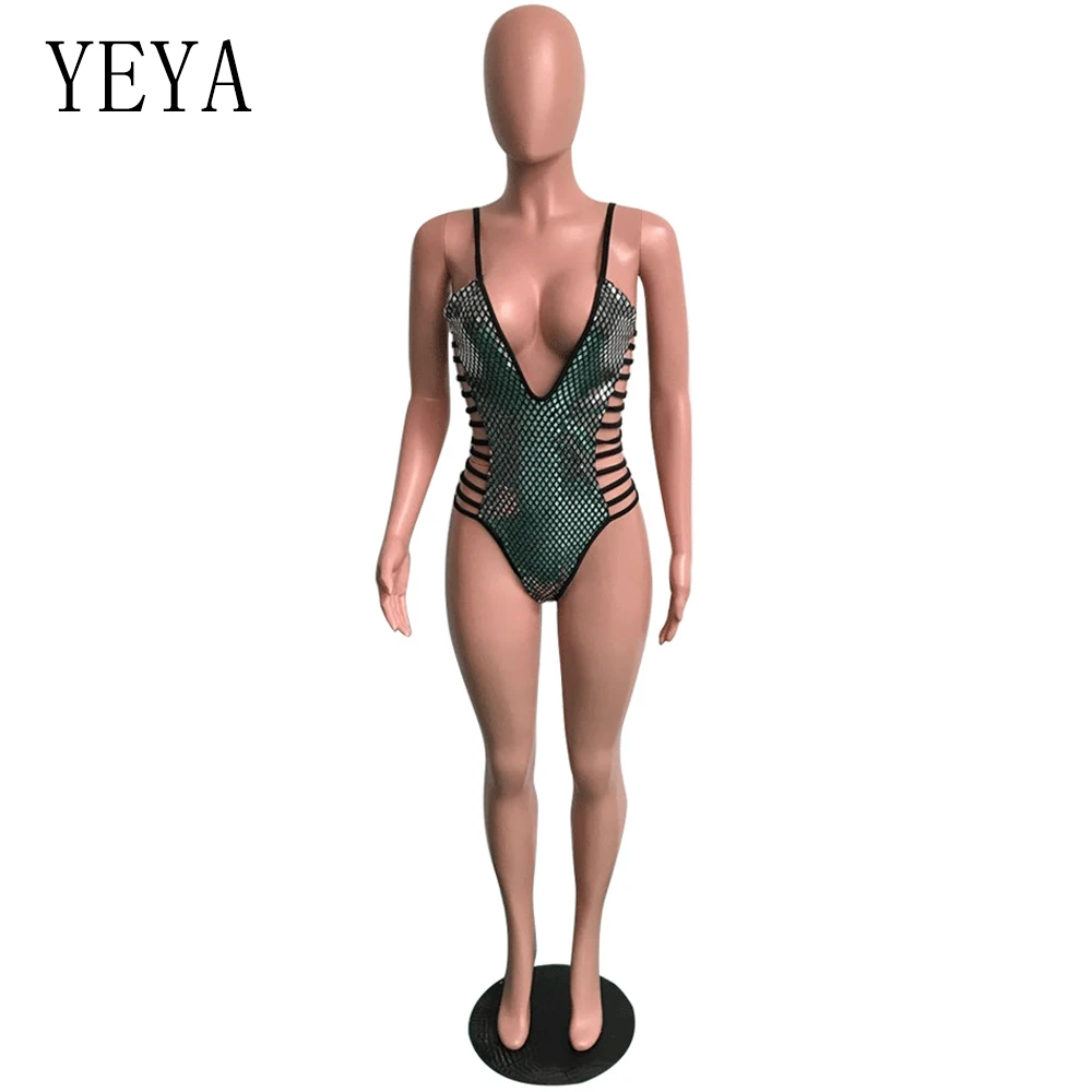 YEYA Sequined Bodysuits Women Tops Summer V Neck Sleeveless Hollow Out Bodycon Jumpsuit Romper Sexy Bodysuits Combinaison Femme