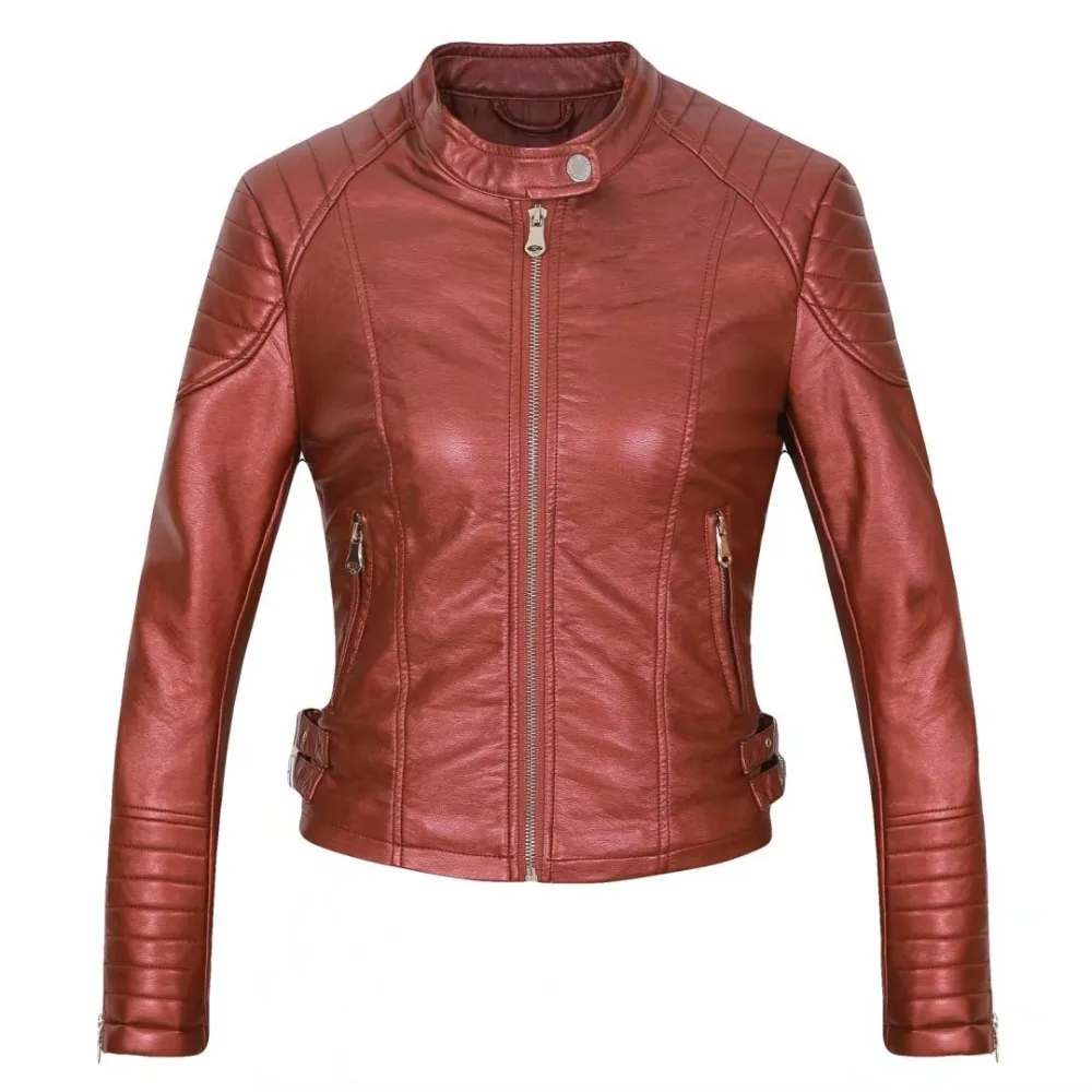 Womens Autumn Faux Leather Jackets Women Black Mandarin Collar Zipper