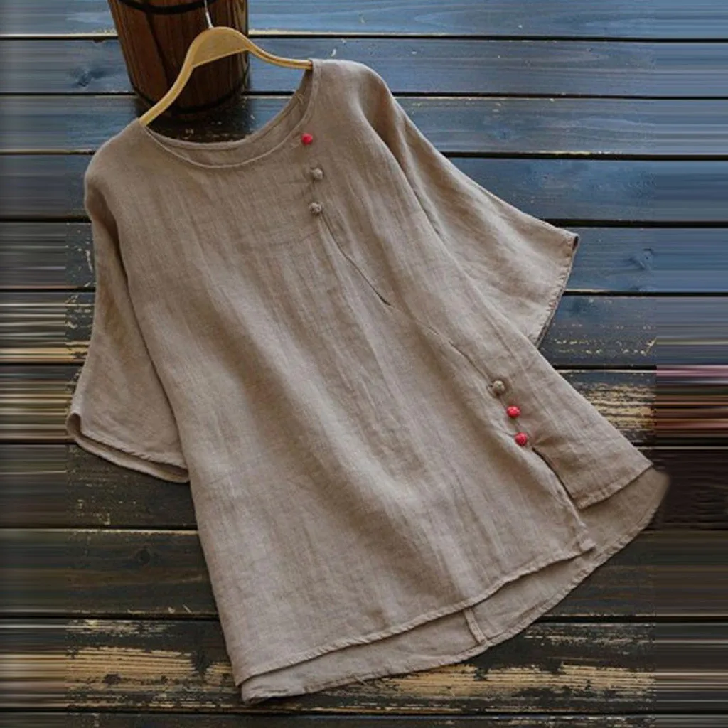 Женская блуза больших размеров, винтажная, однотонная, с круглым вырезом, короткий рукав, Свободный Топ, blusas mujer de moda,, Женские топы и блузки, S-5XL