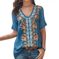 Женская футболка 2019 летняя плюс размер богемная Летняя женская футболка с коротким рукавом с v-образным вырезом и цветочным принтом