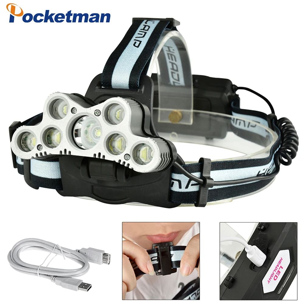 

New arrival 7 9 LED Led Projector Headlight Super head flashlight with USB for 18650 battery waterproof head lamp