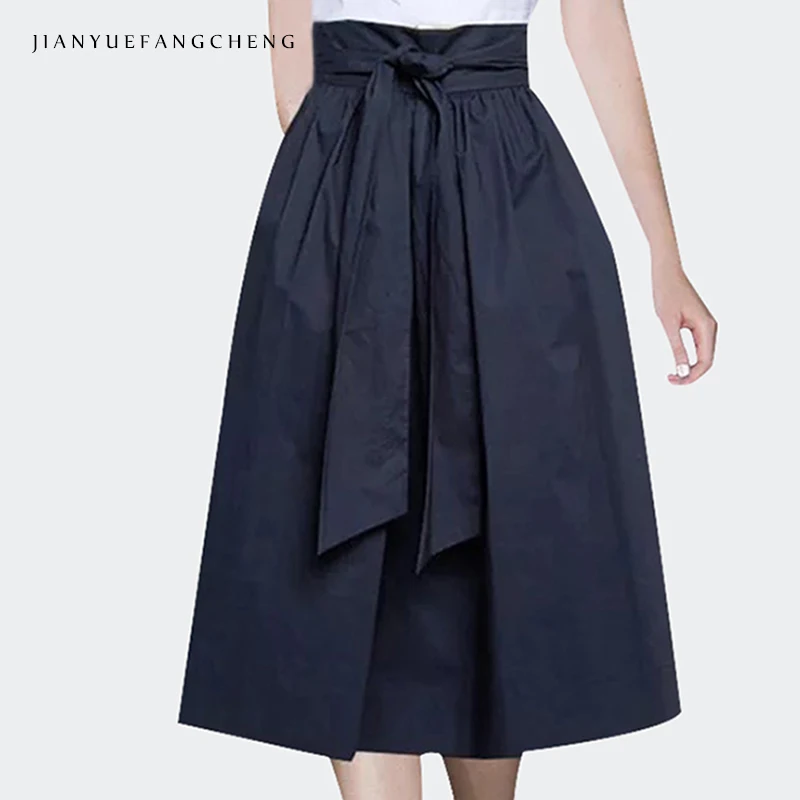 

Women' High Waist A Line Pleated Sashes Skirt 2019 Summer Plus Size Blue Midi Skirt Belted Zipper Mid-calf Jupe Female Bottoms