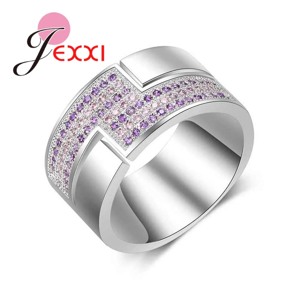 

JEXXI 2018 New Fashion Design Cross Wide Ring Inlaid Purple Pink Austrian Crystal 925 Sterling Silver Engagement Jewelry