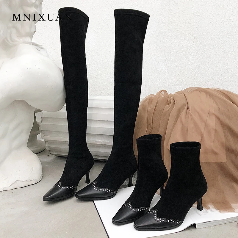 

MNIXUAN Sexy Elastic boots over the knee boots winter women shoes genuine leather suede square toe thin high heels long boots