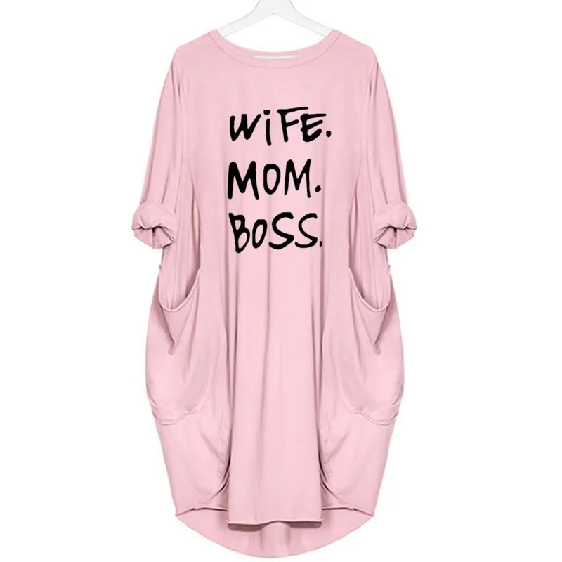 Модная футболка для женщин, с карманами, для жены, мамы, босса, с буквенным принтом, топ, футболка для женщин, в стиле панк, хлопок, с открытыми плечами, топы на День Матери - Цвет: Pink