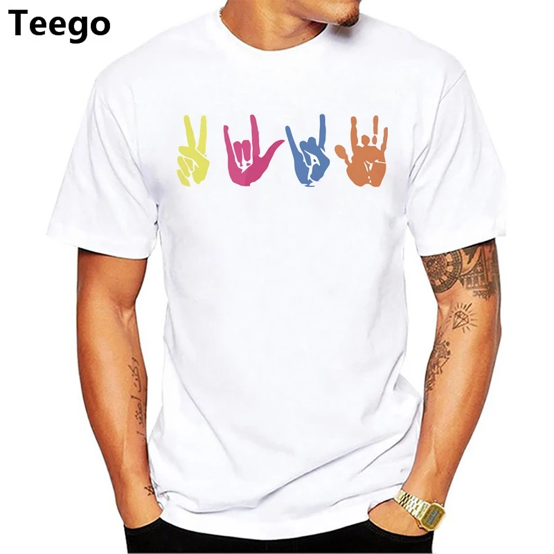 

Peace Love Rock Handprint Sign Language T-Shirt Hot Selling 100 % Cotton Tee Shirts Top Tee