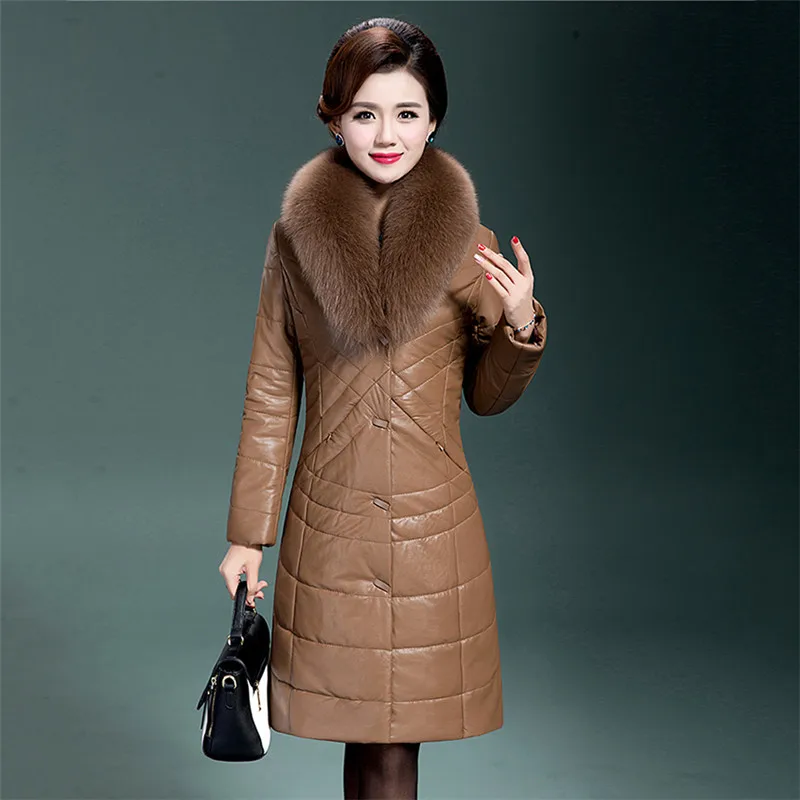 Женская верхняя одежда из овчины, длинные пальто, новинка, большие размеры, парки с имитацией лисьего меха, теплый тонкий зимний женский кожаный пуховик F6