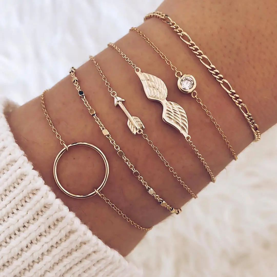 DIEZI Fashion New Silver Round Wing Chain Bracelets Bangle For Women Crystal Round Arrow Charm Bracelets Sets Jewelry Gifts