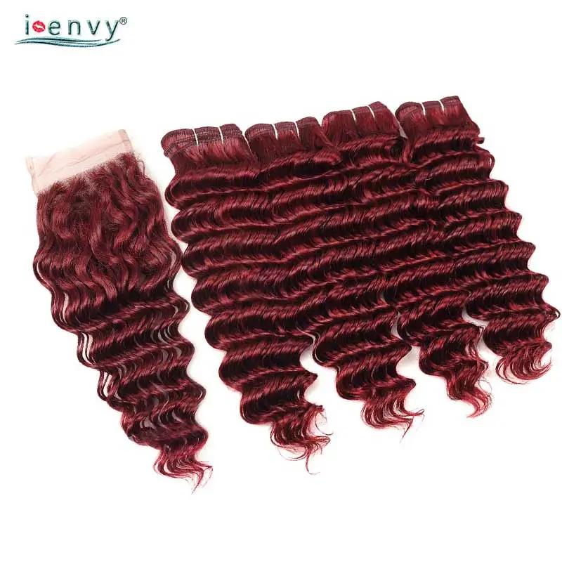 

I Envy Peruvian Hair Bundles With Closure Deep Wave 99J Red Human Hair Bundles With Closure Colored Burgundy 4 Bundles Non Remy
