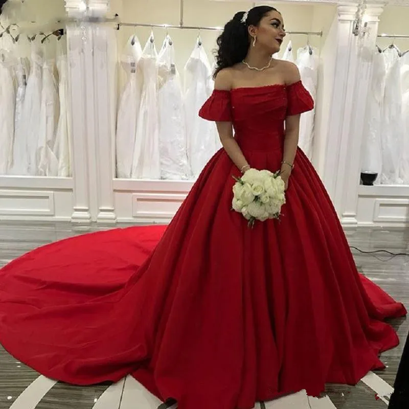 red off the shoulder formal gown