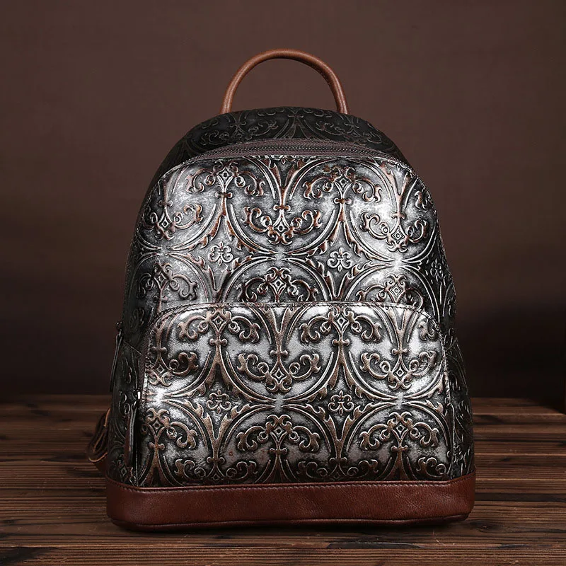 Модный женский рюкзак из натуральной тисненой кожи, женская школьная сумка, рюкзак известного бренда, Женский винтажный рюкзак для путешествий - Цвет: Silver Coffee