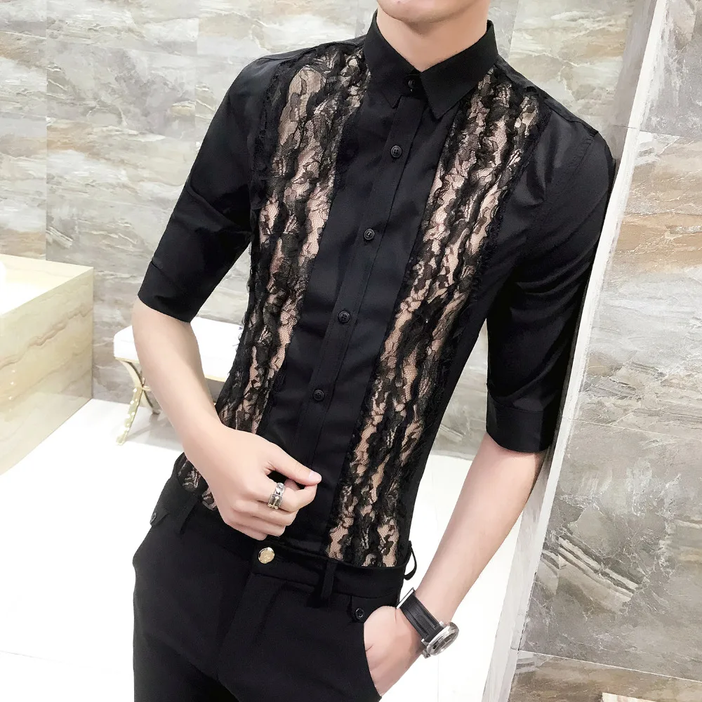

Korean Men Shirt Brand New Summer Half Sleeve Shirt Men Sexy See Through Lace Patchwork Mens Casual Shirts Night Club Tuxedo 3XL