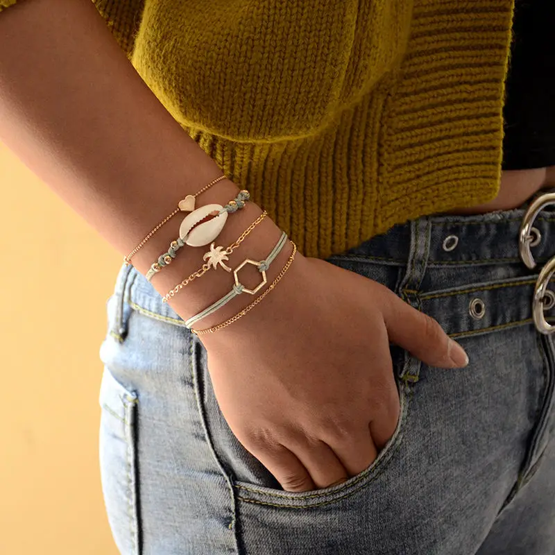 Ocean Jewelry Bracelet Set Golden Color Light Pink Star Fish Elephant Beaded Blue Shell Coconut Palm Tree Woven,1 Set(5 PCs/Set - Окраска металла: Светло-желтый, золотистый цвет