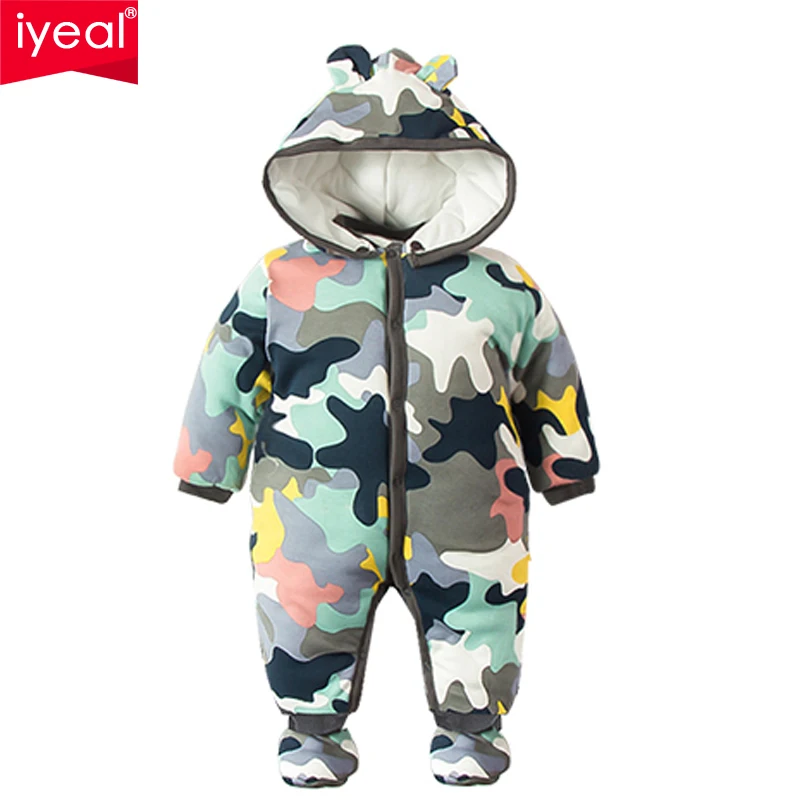  IYEAL 2018  Baby Rompers Winter Thick Warm Baby boy Clothing Camo Long Sleeve Hooded Jumpsuit Kids 