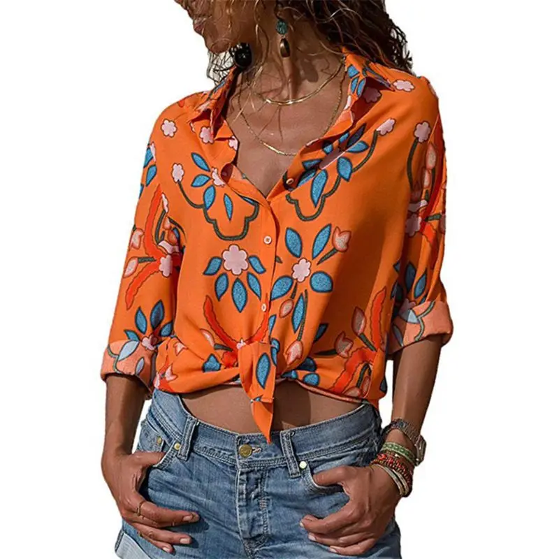 

Womens Roll Up Long Sleeves Chiffon Blouse Boho Colored Floral Printed V-Neck Loose Tops Open Front Button Down High Low Curved