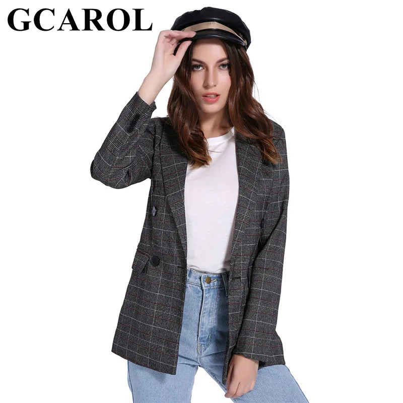 

GCAROL Spring Women Double Breasted Blazer Notched Collar Plaid Pattern Slim OL Business Suit Elegant Outfits