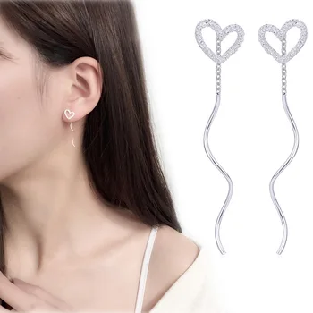 

925 Sterling Silver Heart Long Drop Earrings for Women Girl Gift Party Jewelry Accessories pendientes boucle d oreille eh150