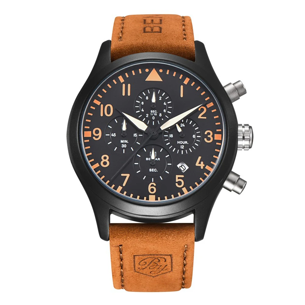 

BENYAR Leather Quartz Watches Men Waterproof 30m Fashion Sport Chronograph Watch Clock orange