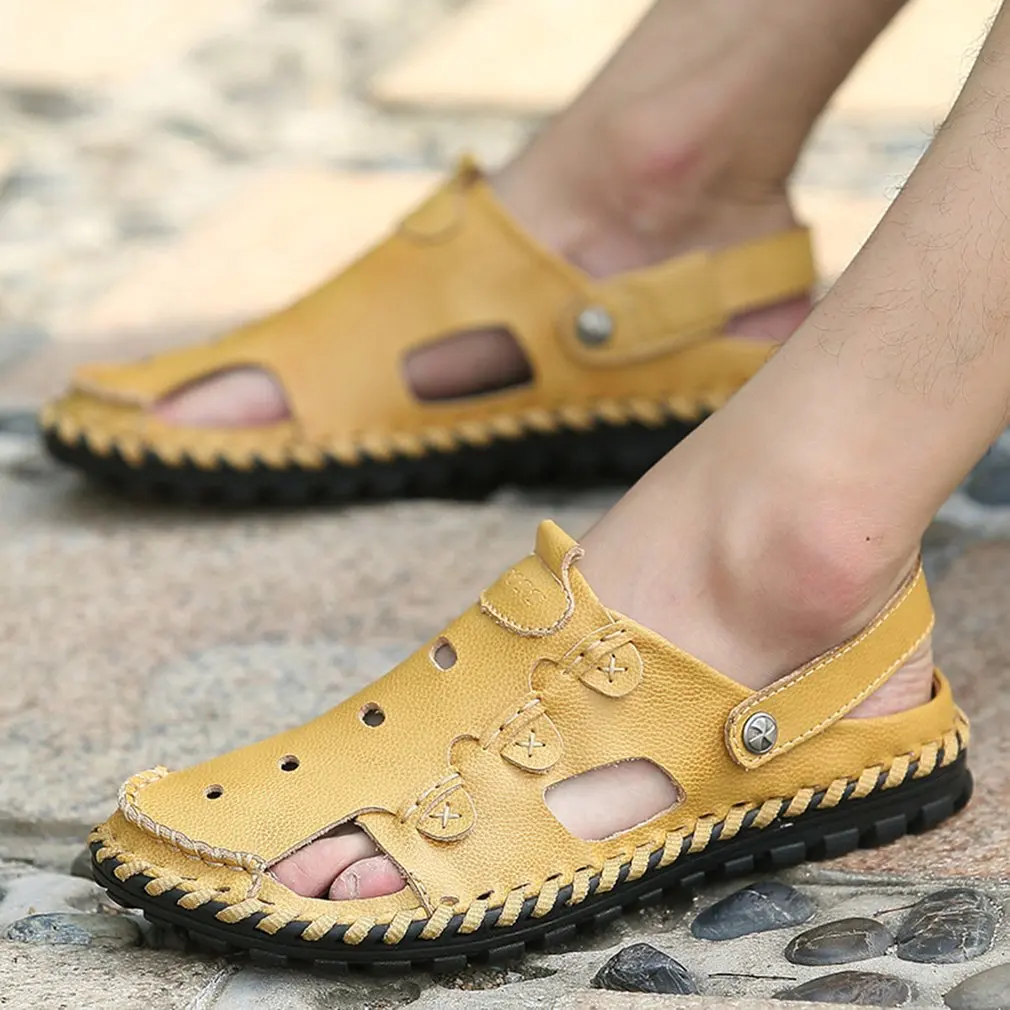 Мужские Кожаные Сандалии Летняя мужская обувь ручной работы Мужская дышащая повседневная обувь дышащая обувь для ходьбы сандалии