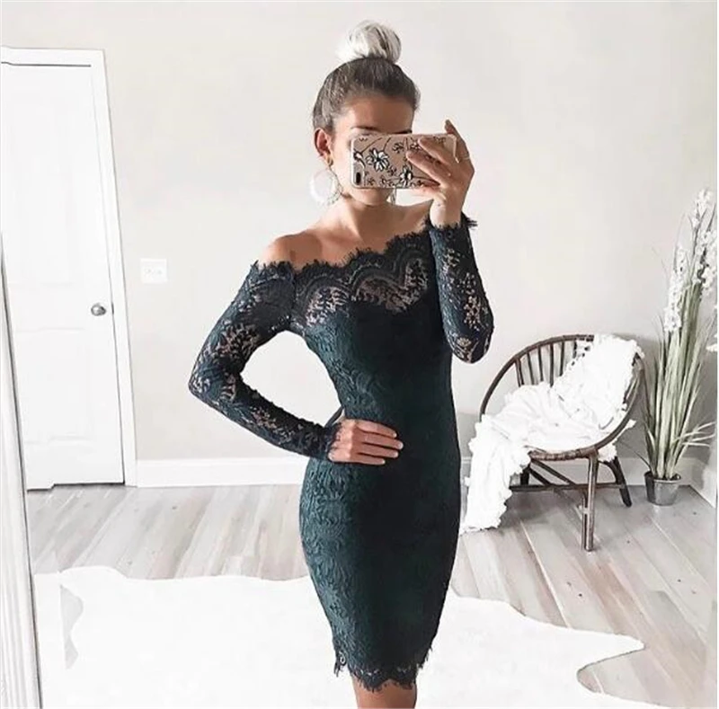 DRESSMECB Winter Lace Slash Neck Off Shoulder Mini Dress Autumn Party Dress Vestidos Women Evening Long Sleeve Vintage Dresses