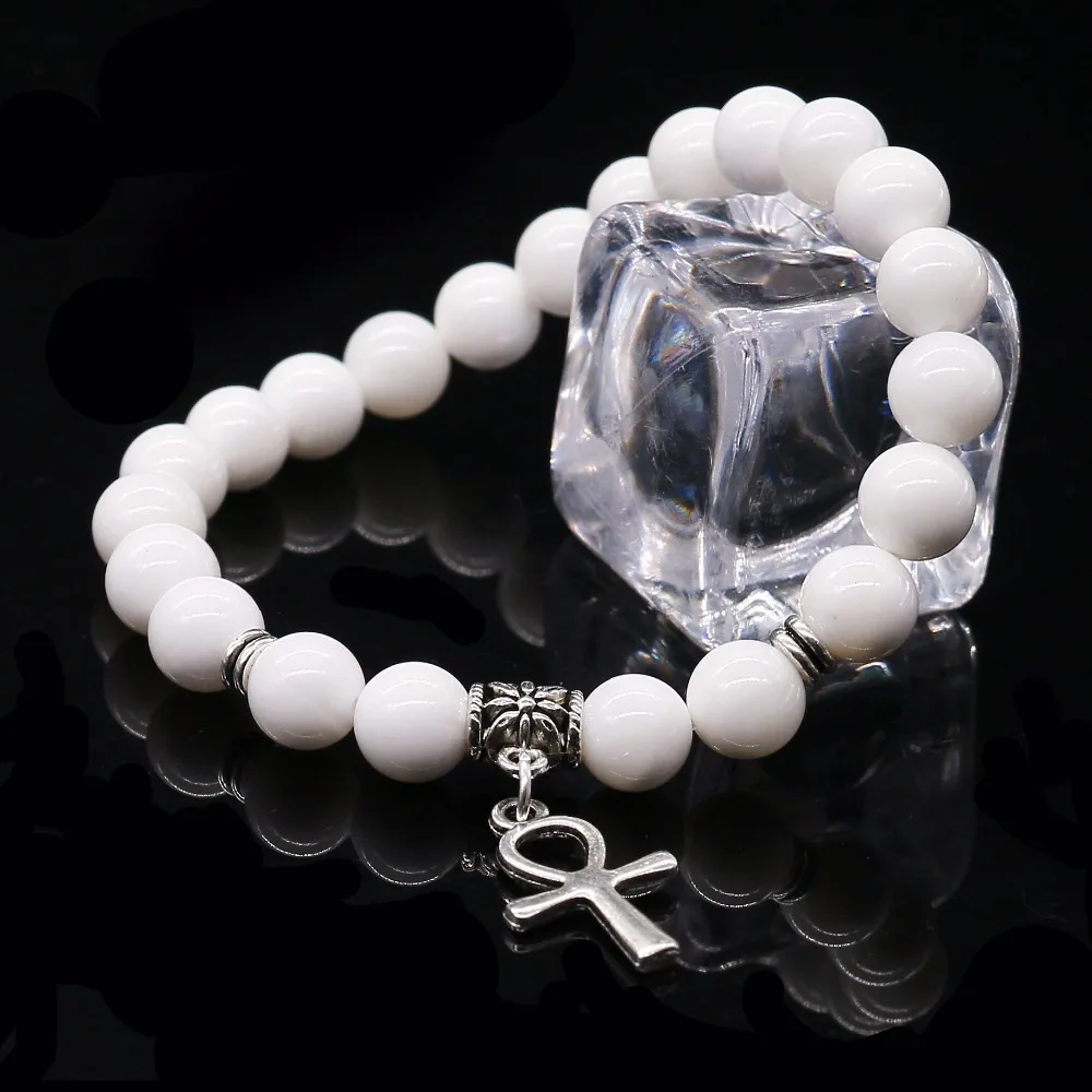 Red cinnabar Stone Beads Bracelet , Natural Stone White Tridacna Egyptian Ankh Cross Pendent Jewelry For Women and Men Bracelet - Image 4