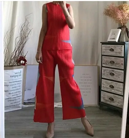 Красный Miyake fold, футболка без рукавов с круглым вырезом+ широкие штаны, костюм - Цвет: Красный