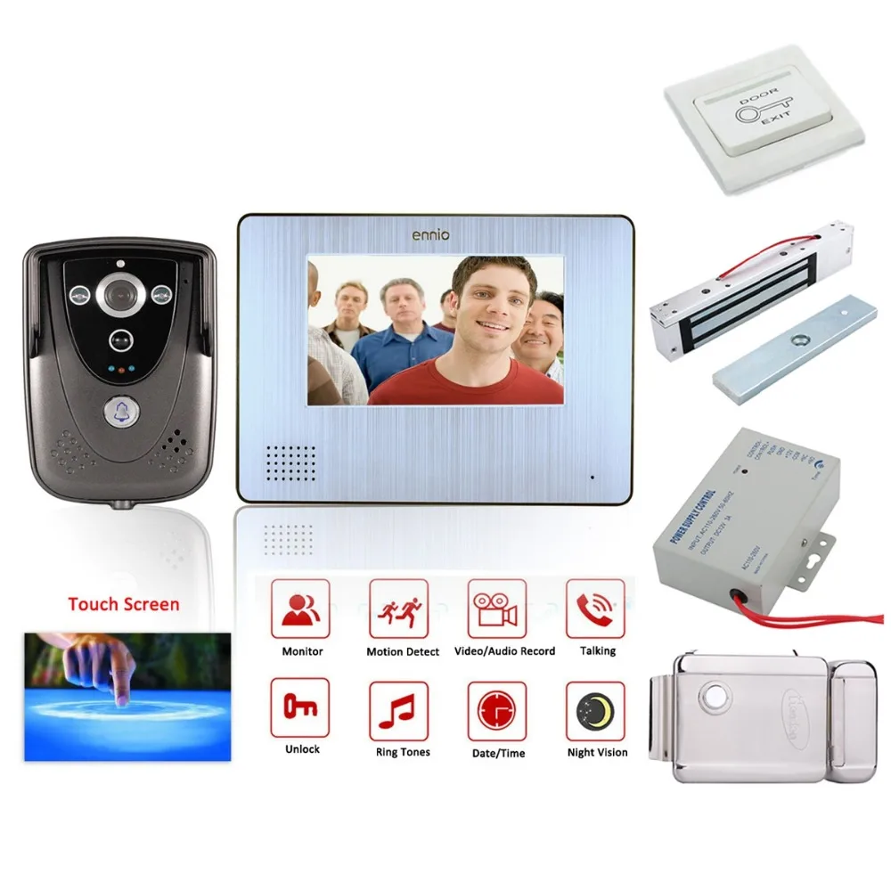 

7" Color Touch Screen Video Door Phone with PIR Record intercom System with IR camera max to support 32G SD card Electric lock