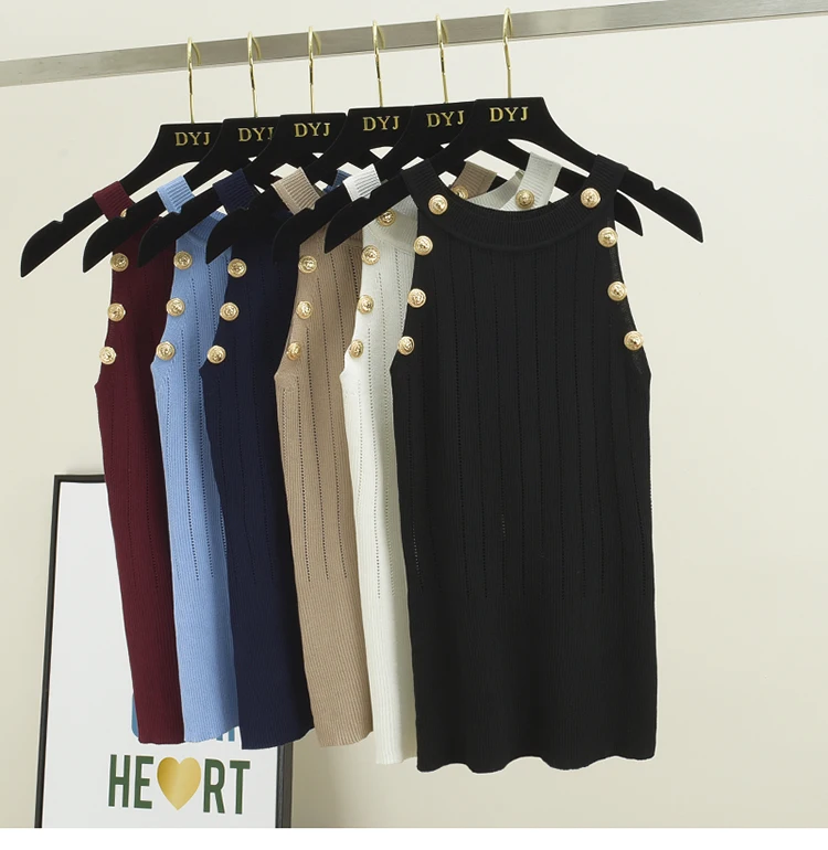 

Women Button Hollow Out Knitted Tank Tops Female Girls Double Breasted Knit Sleeveless Sweater Tanks
