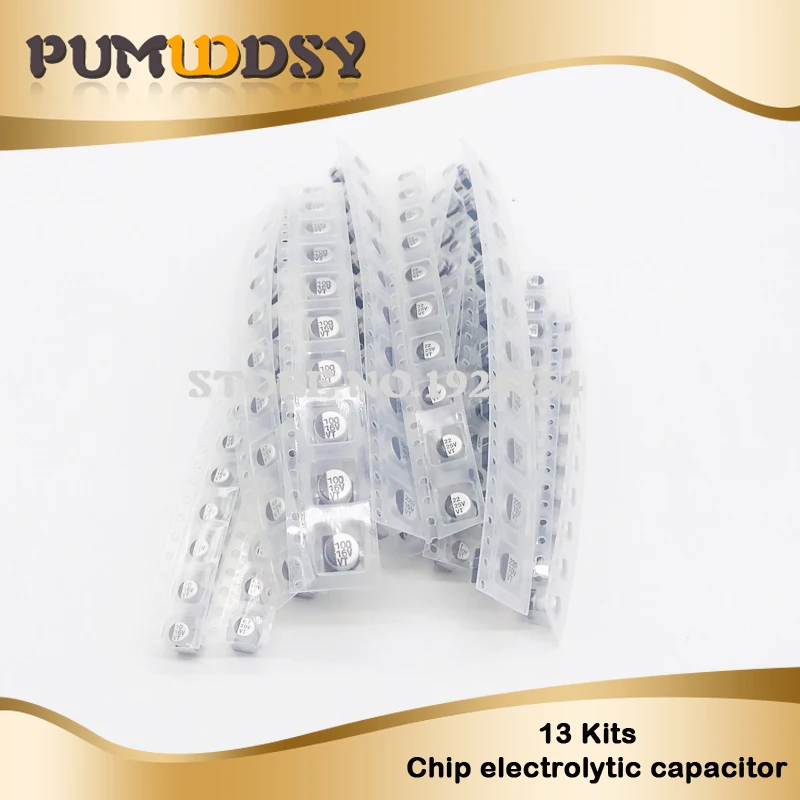

130PCS/LOT 1uF-220uF SMD Aluminum Electrolytic Capacitor Assorted Kit Set, 13values*10pcs=130pcs Samples Kit