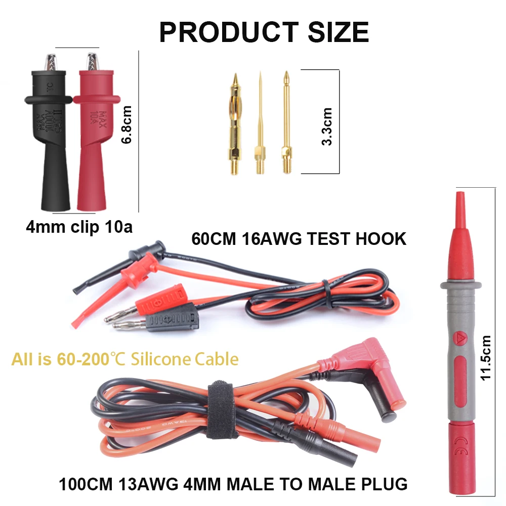 Провода мультиметра, набор тестовых проводов с тестовым зондом мини-крючки, 30A медные зажимы типа «крокодил», датчики для мультиметра, набор острых наконечников
