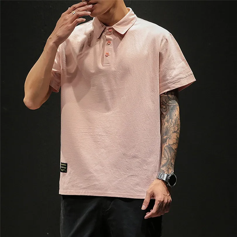 New Fashion Men Summer Cotton And Linen Short Sleeve Solid Color Stand Neck Loose Casual T Shirt Blouse Polo Top #4A24 (24)