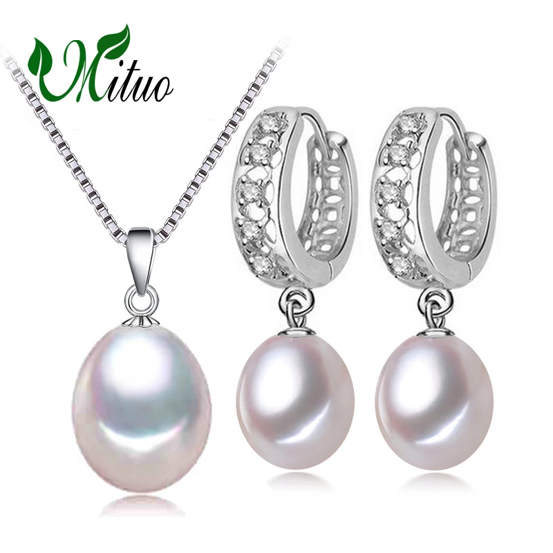 

MITUO Pearl Pendant Necklace Freshwater Earrings 925 Sterling Silver CLASSIC pearl jewelry sets charm retro earrings for women