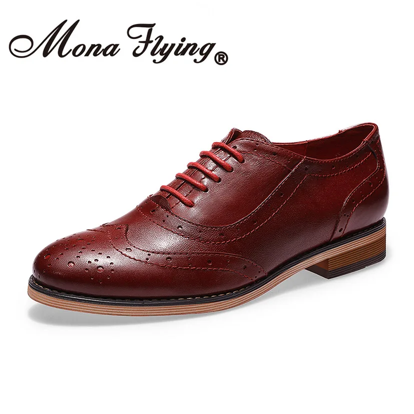 Mona Flying Womens Leather Oxfords Shoes Stylish Perforated Wingtips Brogues Flats Lace-up Shoes for Woman Ladis Female A068-1 