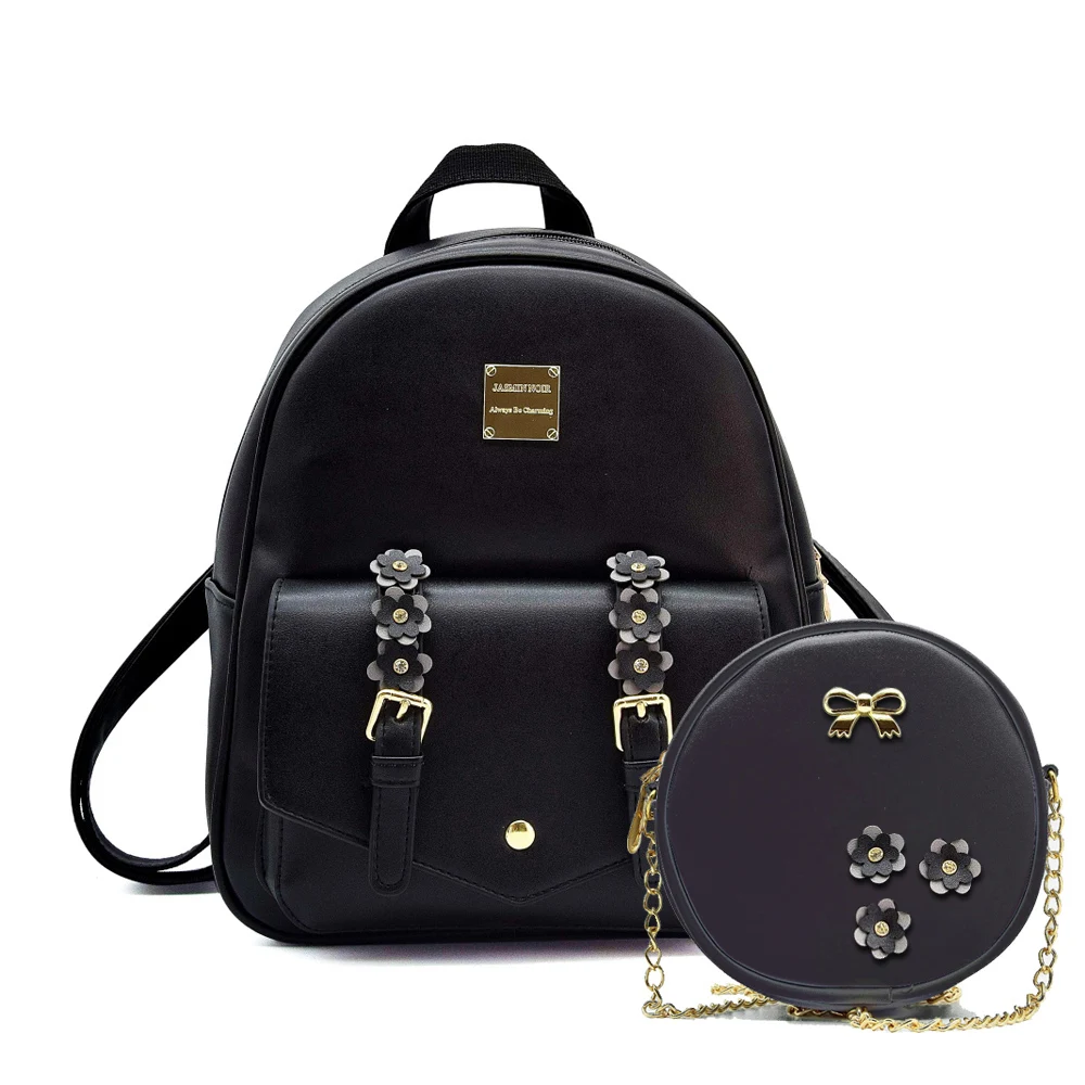 

Brand Designer Floral Women Backpack 2 Pieces School Bag Set Quality Chain Shoulder Bag Fashion Bow Knapsack for Teenage Girls