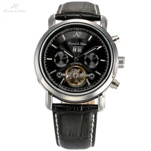 KS Классический День Дата Месяц Автоматические Tourbillon Серебристый Корпус Черный Кожаный Ремешок Мужчины Платье Мужские Механические Часы Движение/KS003
