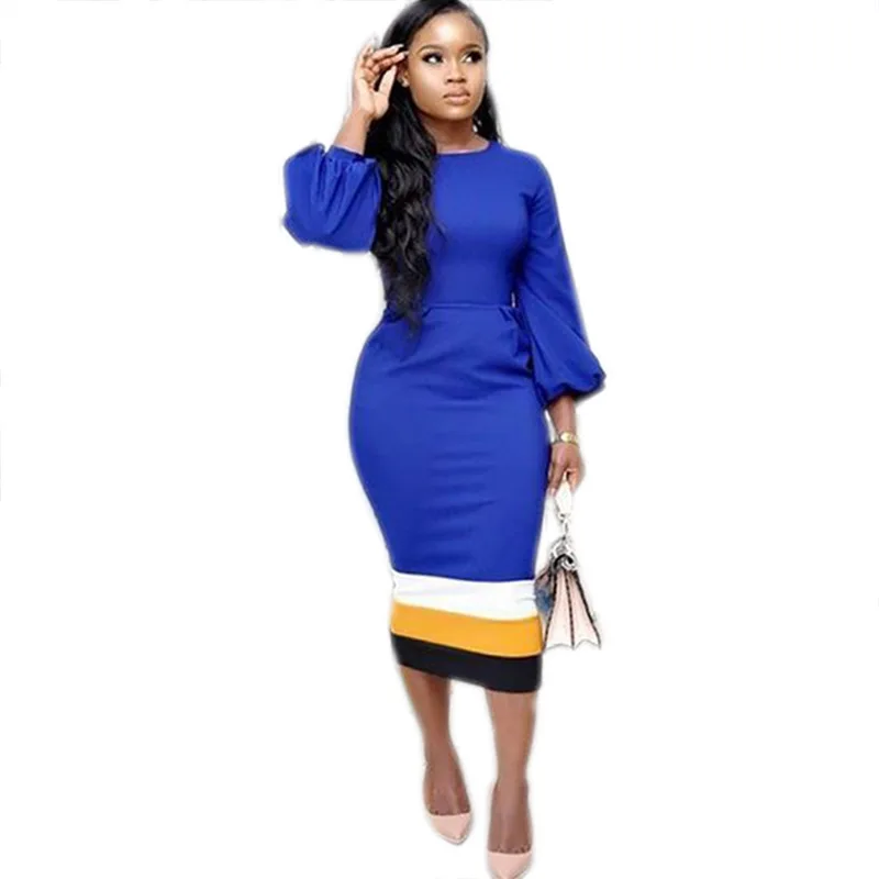 

2019 Midi Dress Business Vintage Party Dresses Work Dresses Office Women Vestido Plus Size Designer Lantern Sleeve