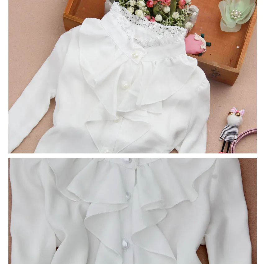 Girls Spring Autumn Blouses Chiffon Peter Pan Collar Long Sleeve Shirt White Lace Decoration 6 8 10 Y