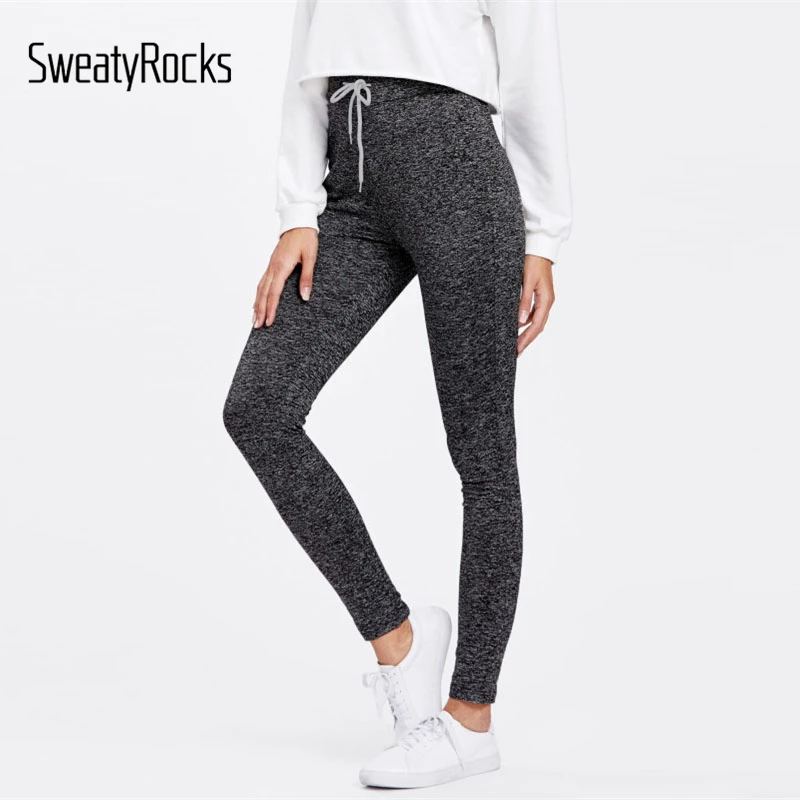 SweatyRocks Drawstring Waist Skinny Leggings Fashion Women Solid