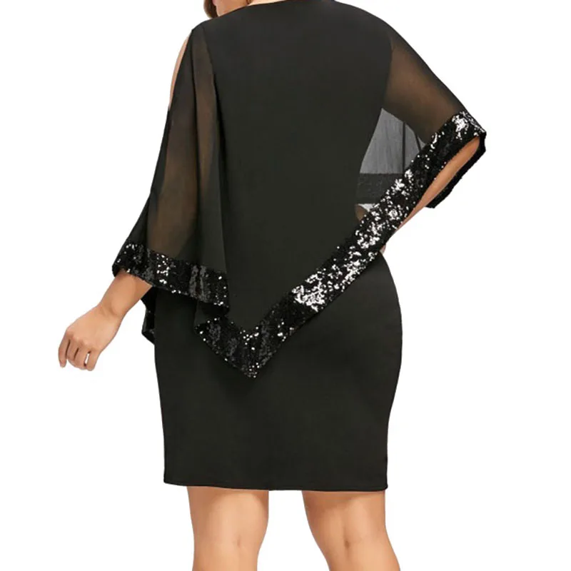 S-5XL Plus Size Women Dress Cloak Sleeve Mesh Sequined Tiered Irregular Oversized Mini Short Party Dresses Casual Vestidos New