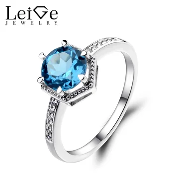 

Leige Jewelry Swiss Blue Topaz Ring Sterling Silver 925 Fine Jewelry Round Cut Blue Gemstone Wedding Engagement Rings for Women